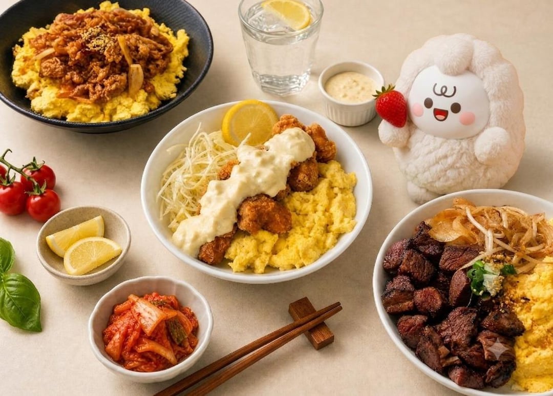 반찬과 함께 차려낸 HOYO 폭신계란덮밥